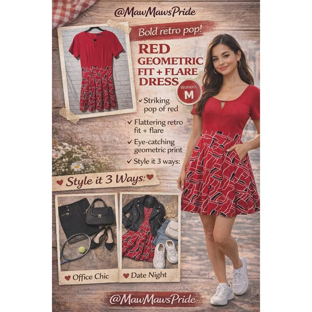 BOLD RETRO POP RED Yathon Geometric Fit and Flare Dress  Keyhole  Pockets SIZE M